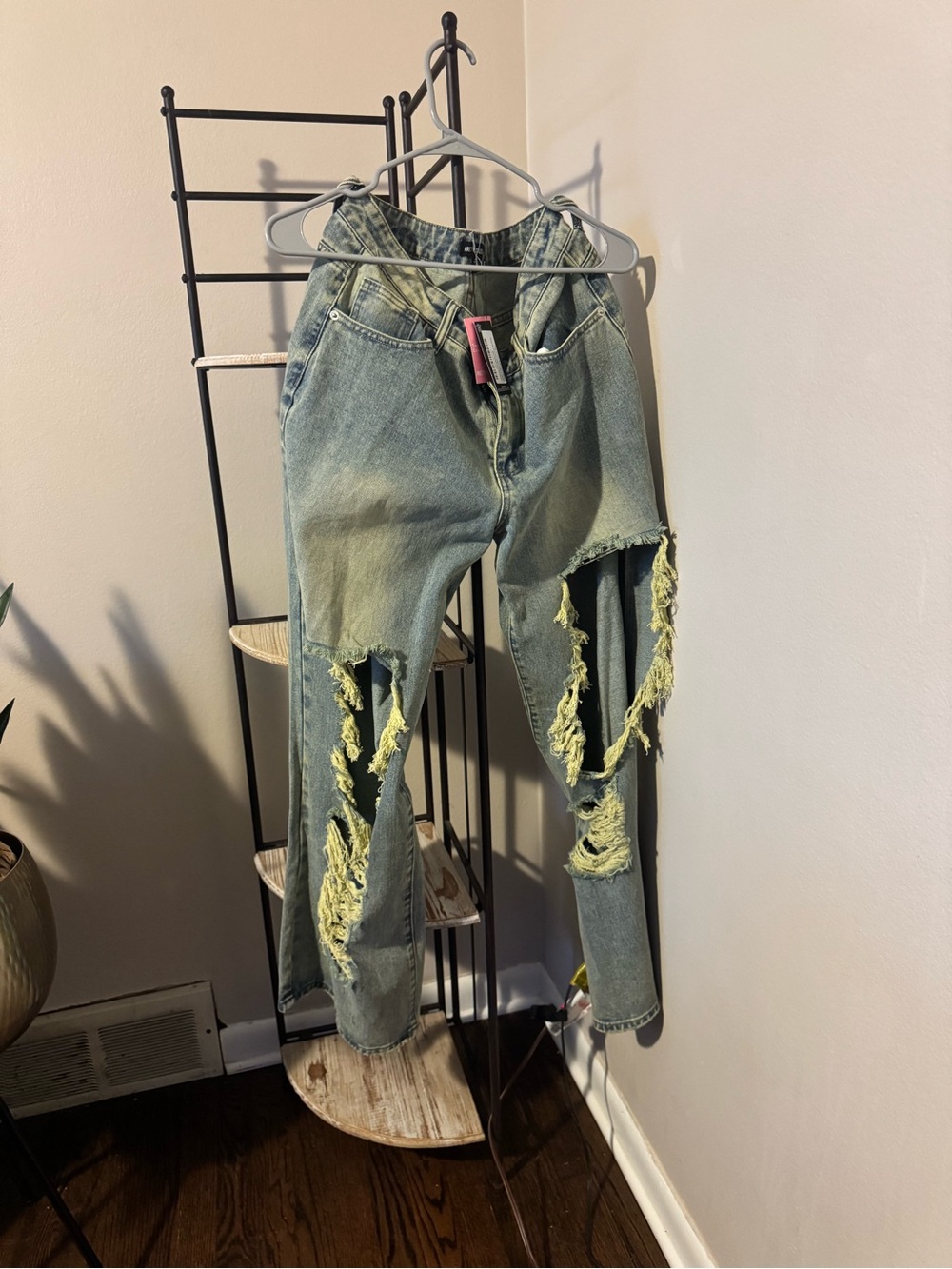 PrettyLittleThing Green-Tinted Distressed Straight Leg Jeans